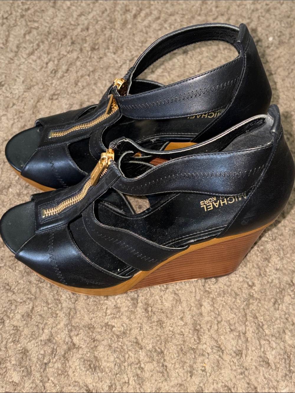 Michael Kors Black Leather Peep-Toe Wedge Sandals with Gold Zip Accent